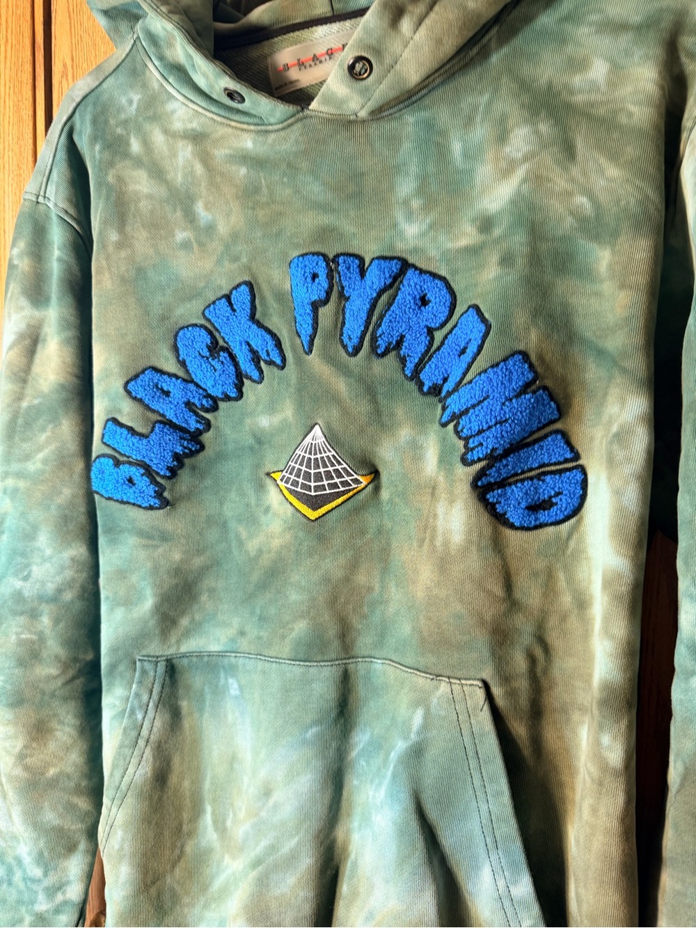Black Pyramid Green Tie-Dye Hoodie with Blue Chenille Logo - Picture 4 of 6
